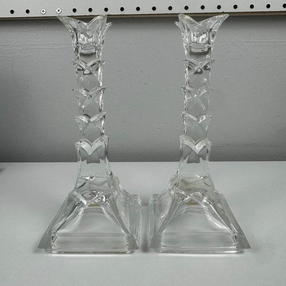 Vtg 1980s Crystal Clear Lead Crystal Candlesticks Pair USA Art Deco Style‎